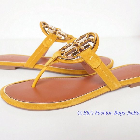 ❤️ NIB Tory Burch Metal Miller Suede Leather Thong Sandal Gold Finch Yellow US 6 - Picture 10 of 13